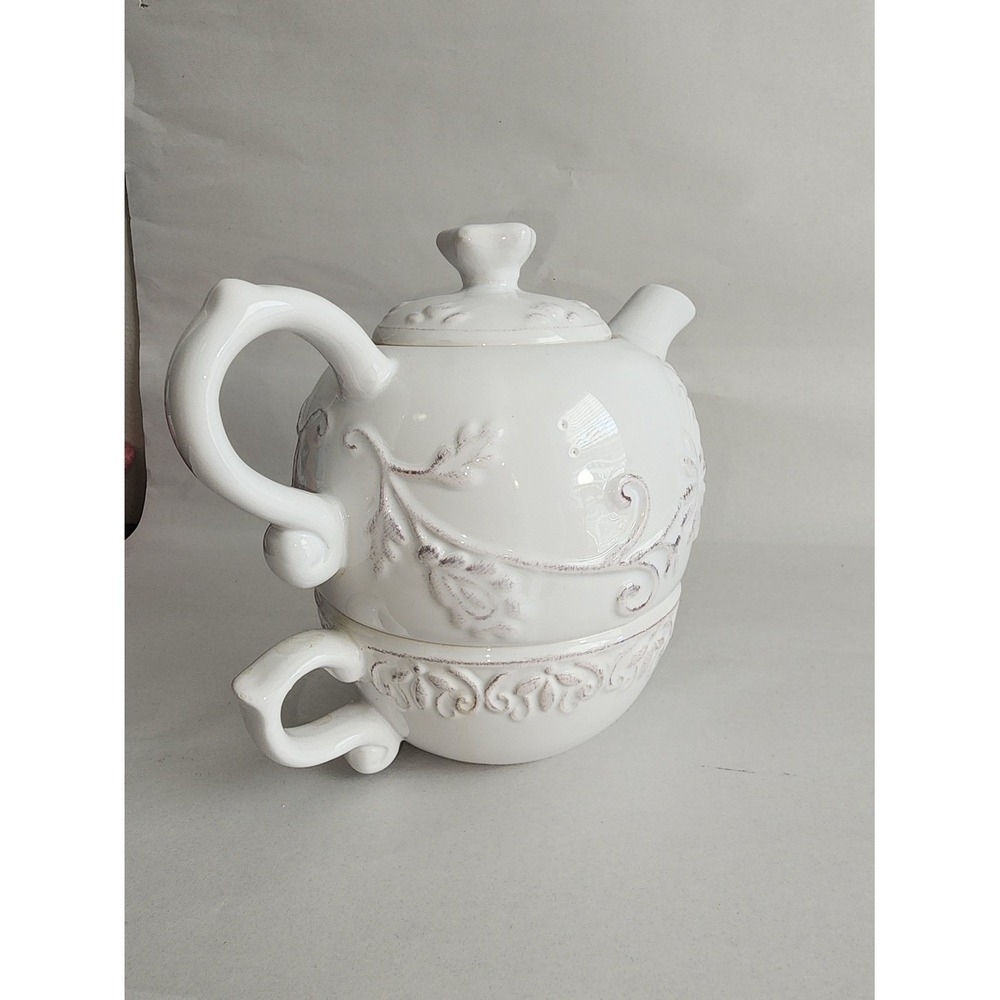 Dena Home Tea For One Set White Embossed Floral Ceramic Teapot and Cup